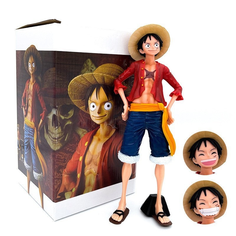 One Piece Luffy Action Figure Smiling Pose with Interchangeable Faces, Collectible Anime Model Toy in Color Box