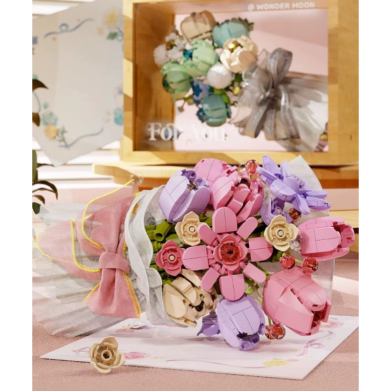 Block Building Romantic Flower Bouquet | Pink Tulip Blue The Stars – with LED Lights Valentine Wedding Gift DIY Handmade Gift