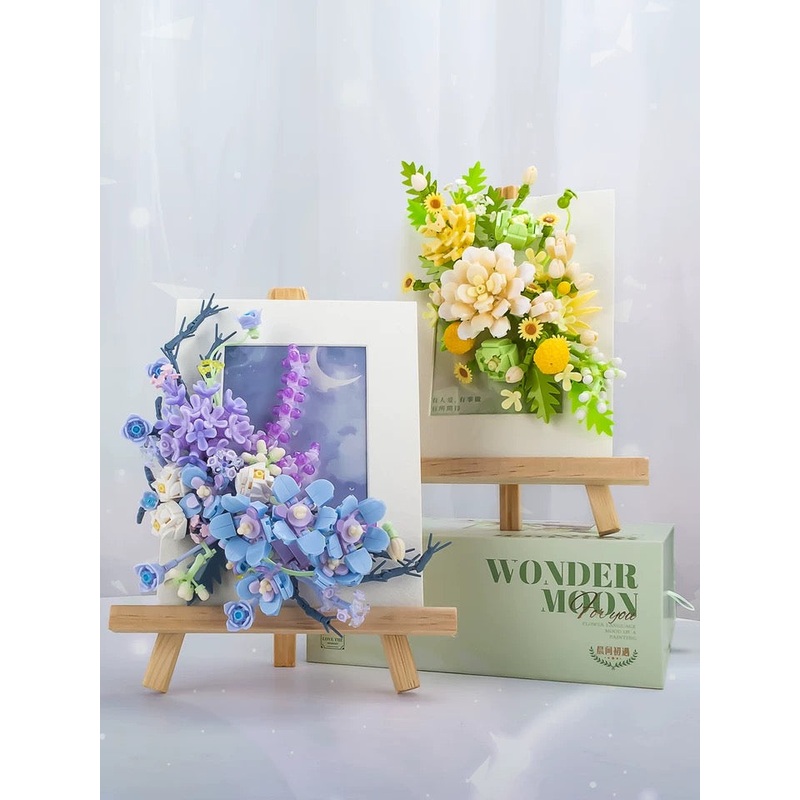 Block Building Romantic Flower Frame | Purple Blue White Green – DIY Handmade Mini World Miniature Gift
