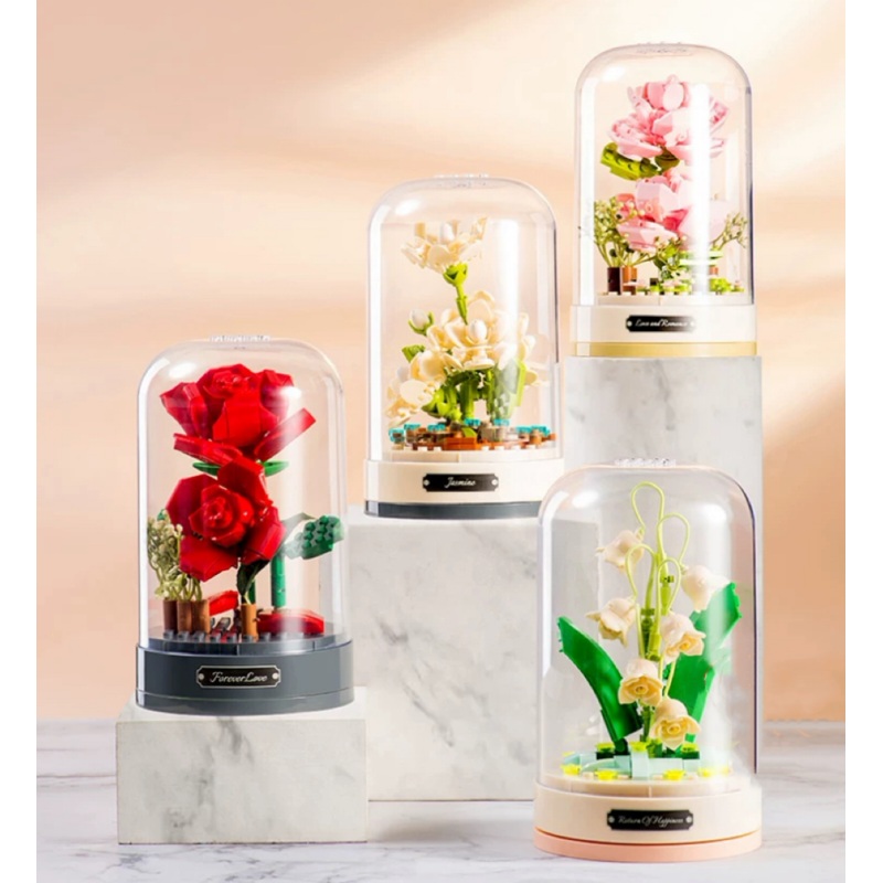 Block Building Romantic Flower Music Box | Hibiscus Rose Lily Bell Jasmine – DIY Valentine Wedding Handmade Gift