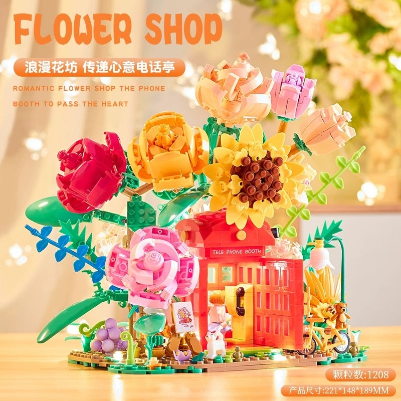 Mini Block Building Romantic Flower | Flower Telephone Booth – with LED Lights DIY Valentine Handmade Gift