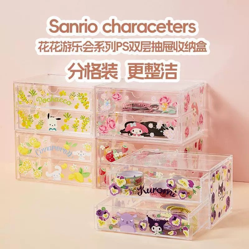 Sanrio X Miniso | Hello Kitty My Melody Kuromi Cinnamoroll Pochacco Flower Garden 2 Layers Storage Drawer – Kawaii Desk Helper items Room Decoration
