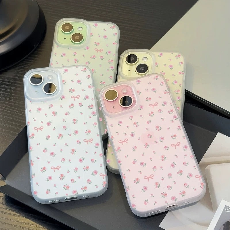 Lady Style Little Flowers Pink Rose with Ribbon Matt White Case – iPhone Case XS XR 11 12 13 14 15 Pro Plus Promax