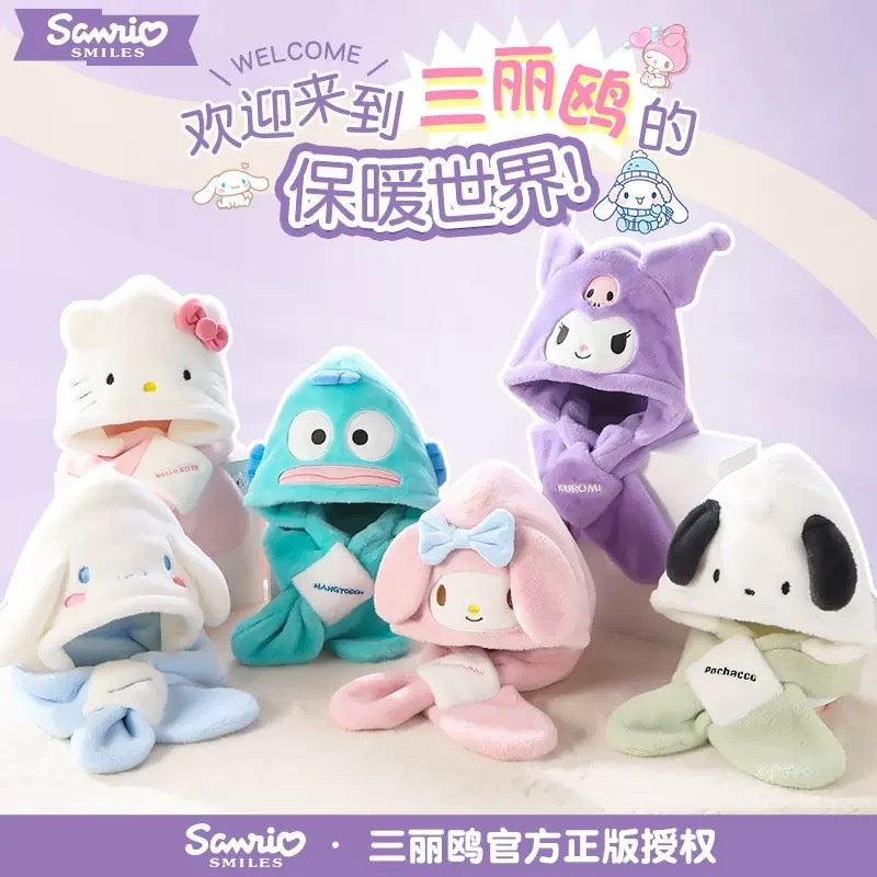 Sanrio Hat with Scarf Hat | Hello Kitty My Melody Kuromi Cinnamoroll Pochacco Hangyodon – Winter Warm Accessory Outfits