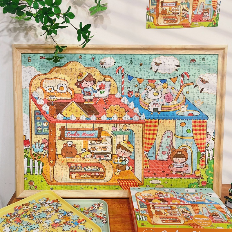 SOULPUZZ 1000 Pieces Puzzle | Cookie House – Cute Boy and Girl with Bear Barkey Puzzle Difficulty Decompression Couples Trendy Gifts Home Decoration