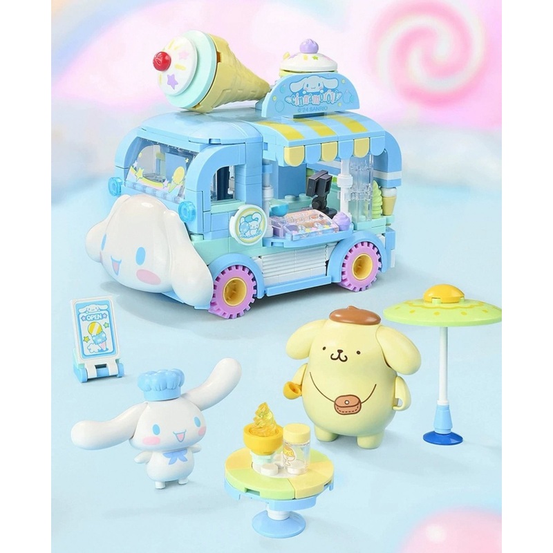 Sanrio Food Truck Series | Cinnamoroll Ice Cream Car with Cinnamoroll Pompompurin – Moveable Car Building Blocks Toy Collections