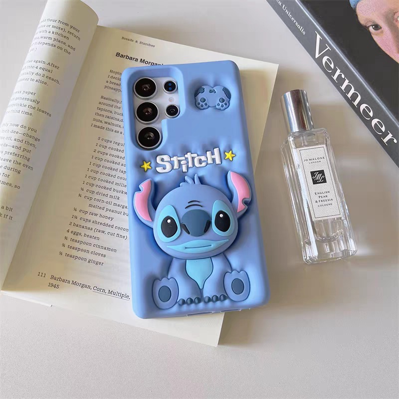 Cartoon Silicone Phone Case | Stitch with Phone Stand – Phone Case Samsung Galaxy S25 S24 S23 S22 S21 Plus Ultra