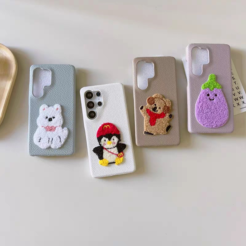 Korean Style | Lovely Embroidery Dog Eggplant Penguin Bear – Phone Case Samsung Galaxy S25 S24 S23 S22 Ultra
