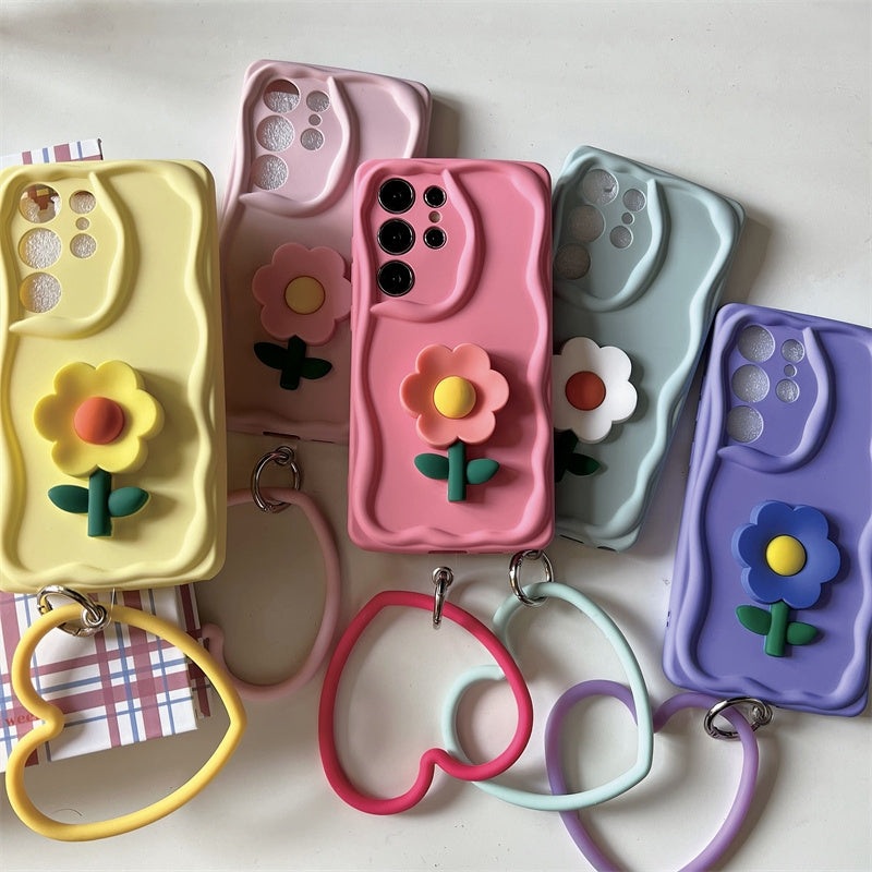 Koren Style Colourful Silicone Case with Heart Handle | Flower BabyPink Yellow Pink Purple BabyBlue – Phone Case Samsung Galaxy S24 S23 S22 Plus Ultra