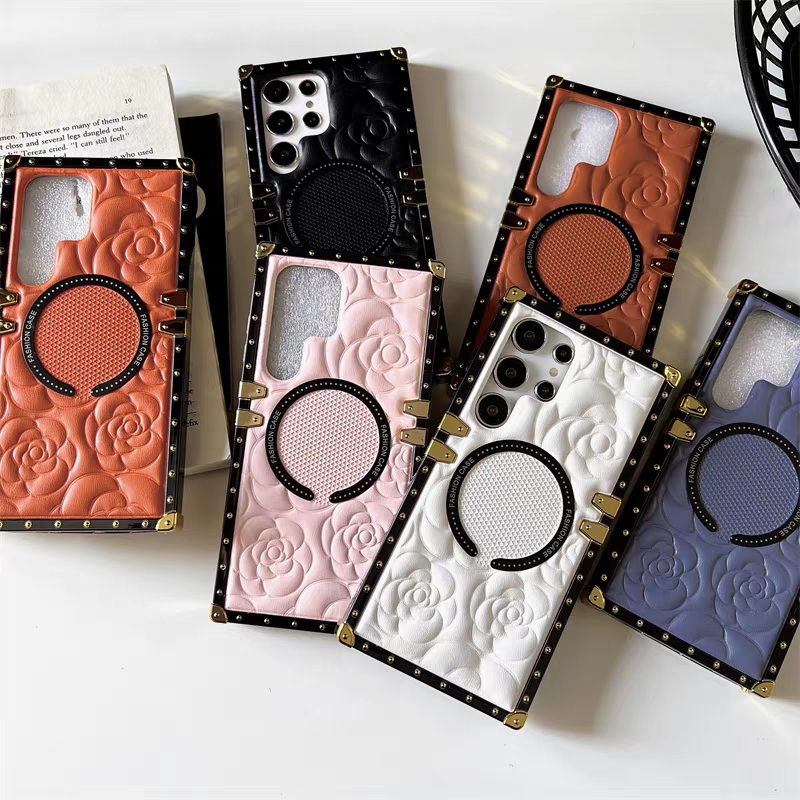 Vintage Style Magnetic Phone Case | Camellia Flower White Black Blue Orange Pink Brown – Phone Case Samsung Galaxy S24 S23 S22 Ultra