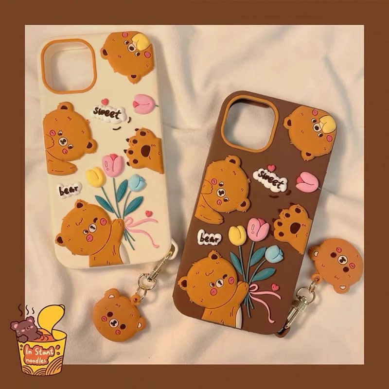 3D Bear with Flowers Mori Forest Style iPhone Case XS XR X 11 12 13 14 Pro Promax