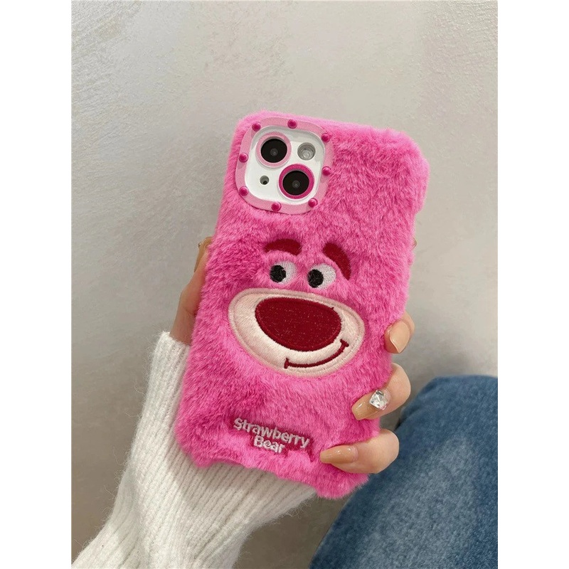 Plush Fluffy with Embroidery Strawberry Bear iPhone Case 11 12 13 14 15 16 Pro Promax Plus mini