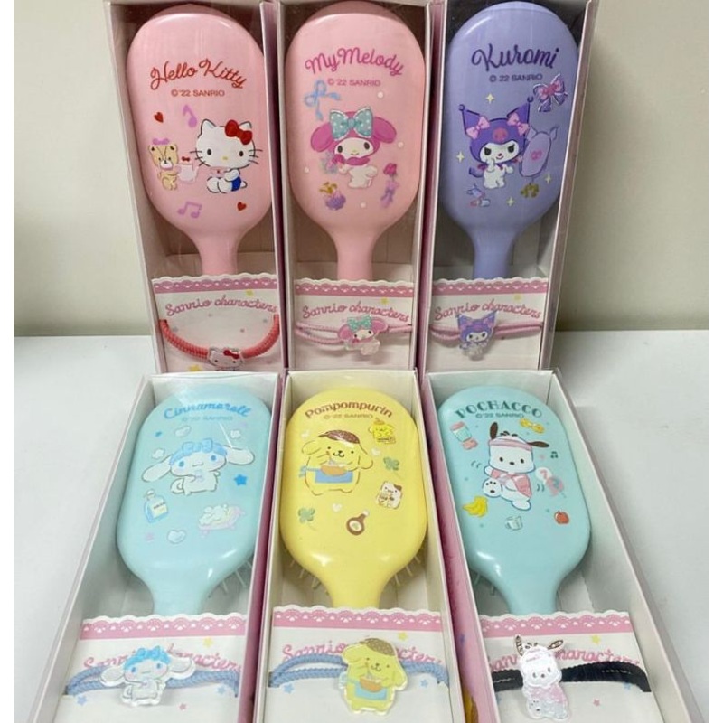 Sanrio Hello Kitty My Melody Kuromi Cinnamoroll Pompompurin Pochacco Paddle Brush Comb with Hair Tie Set
