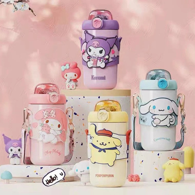 Sanrio My Melody Kuromi Cinnamoroll Pompompurin Shoulder Water Bottle Tumbler with Straw and Strap 316 Stainless Steel Lovely Cup