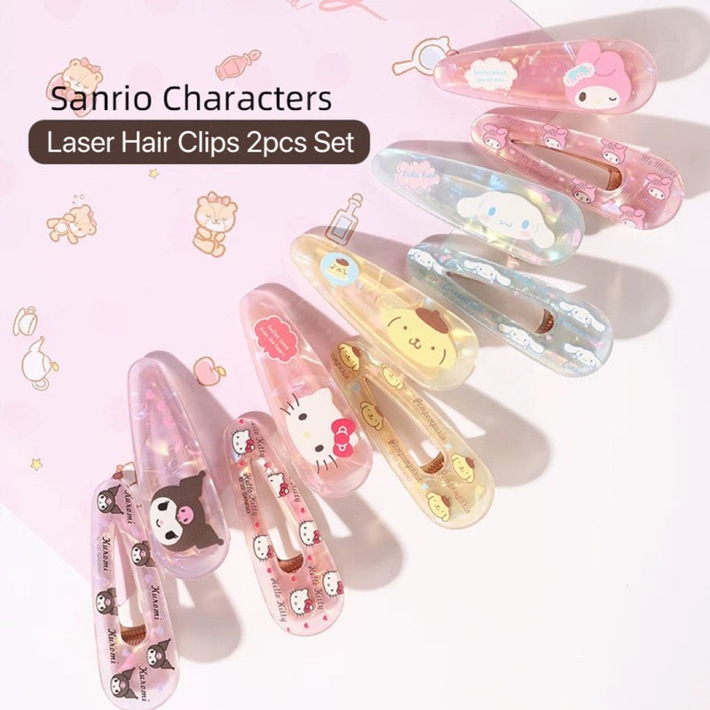 Sanrio Hello Kitty My Melody Kuromi Cinnamoroll Pompompurin Pochacoo Laser Hair Clips 2 pcs Set