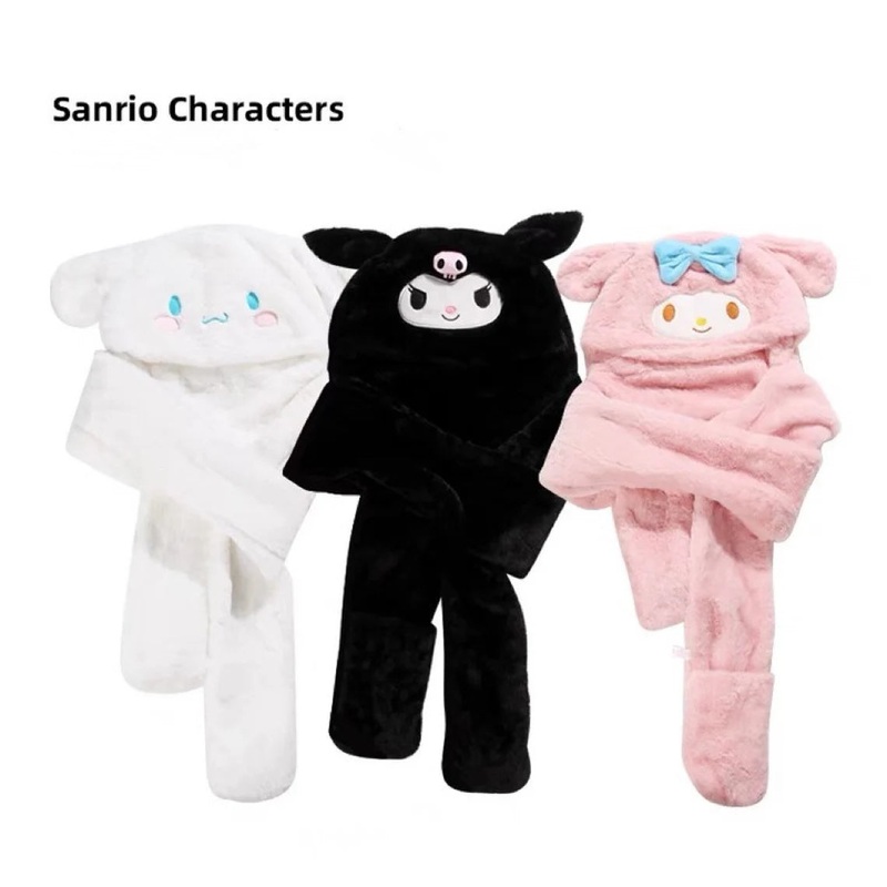 Sanrio My Melody Kuromi Cinnamoroll Hat with Scarf Hat  Winter Warm Accessory Outfits