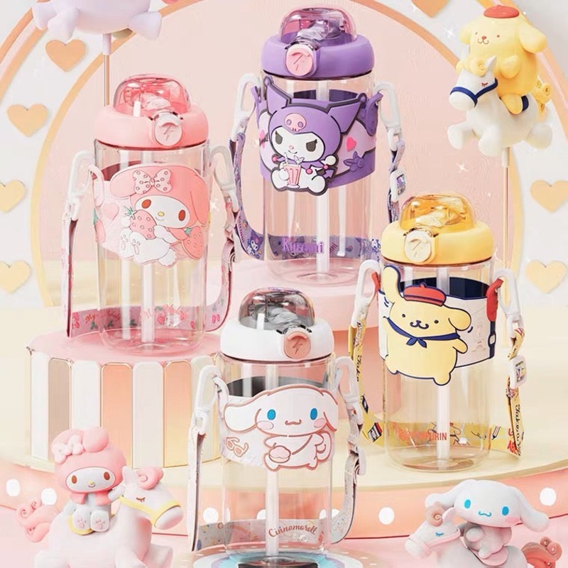 Sanrio My Melody Kuromi Cinnamoroll Pompompurin Shoulder Tritan Water Bottle Tumbler with Straw and Strap Lovely Bottle