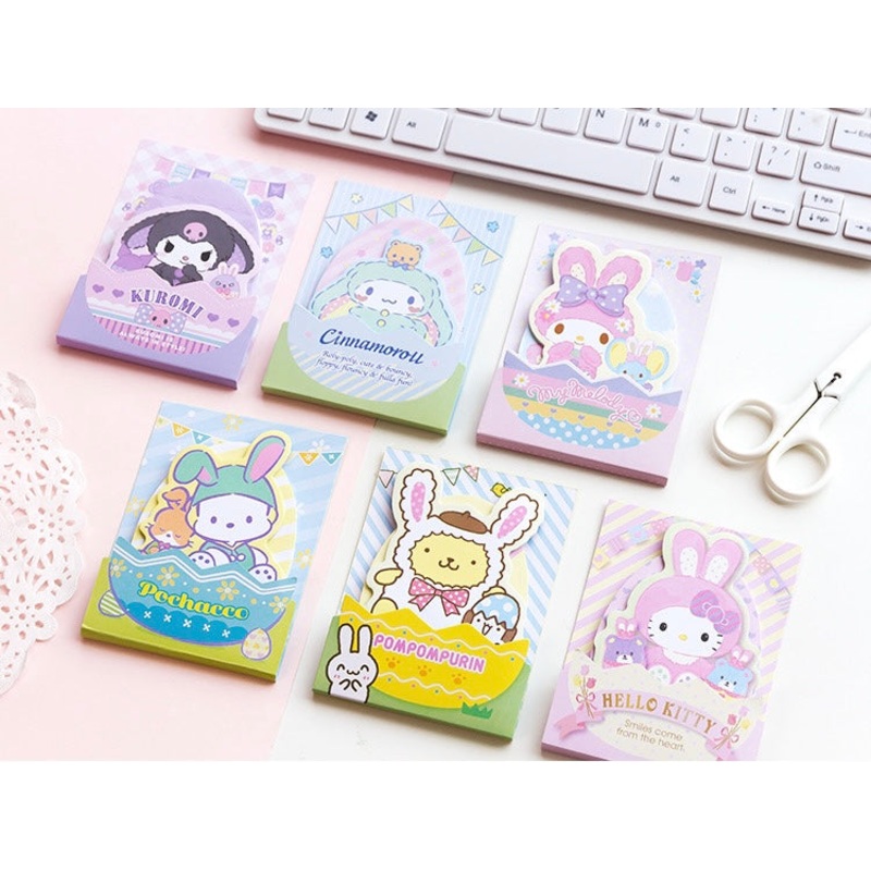 Sanrio Easter Bunny Memo Pad | Hello Kitty My Melody Kuromi Cinnamoroll Pompompurin Pocahcco – 3 Style 48 Sheets