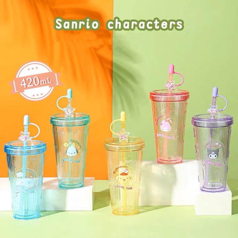 Sanrio Gittler Star Summer Cup My Melody Kuromi Cinnamoroll Pochacco Pompompurin Plastic Water Bottle with Straw for Cool Drink Lovely Cup