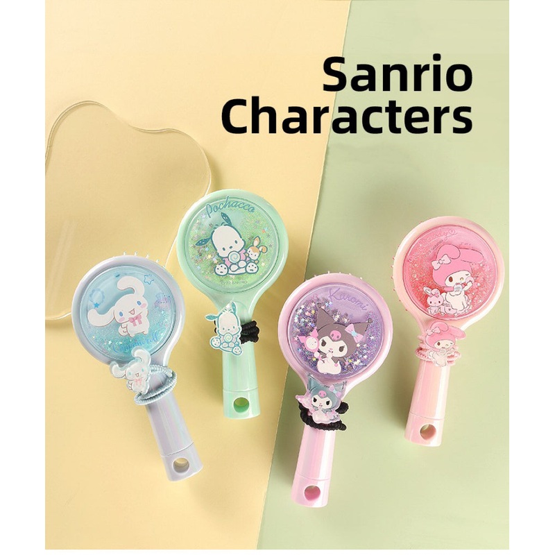 Sanrio Glitter QuickSand Paddle Brush Comb | My Melody Kuromi Cinnamoroll Pochacco – with Hair Tie Set