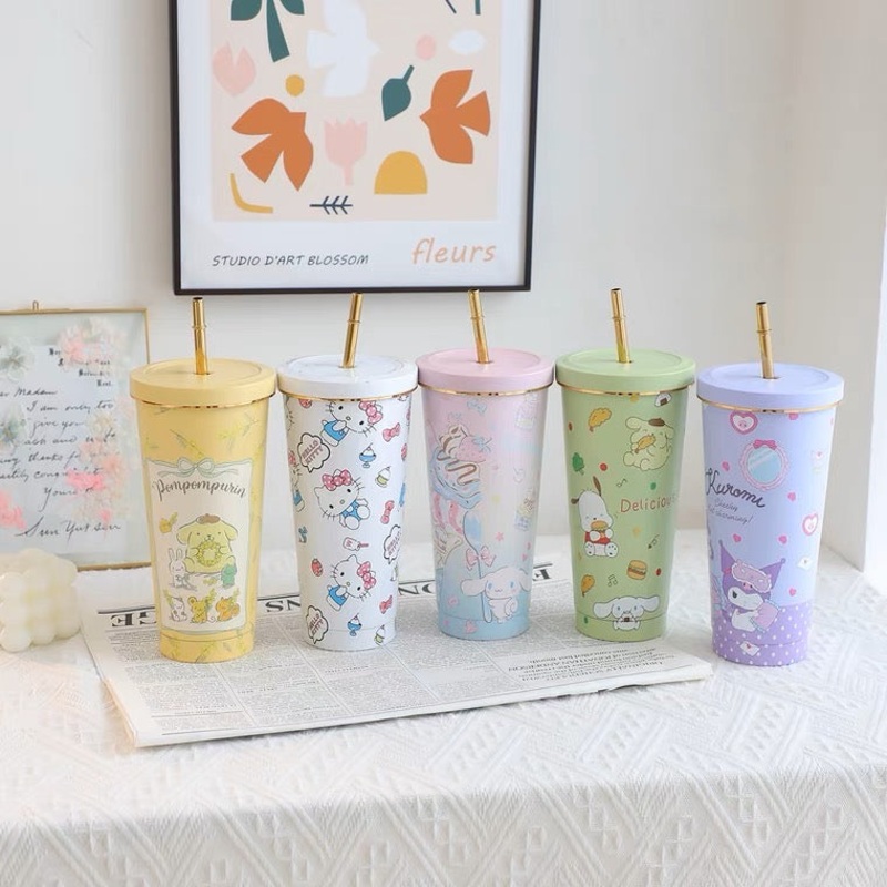 Sanrio Tumbler with Straw Warm Cool Lovely Cup Hello Kitty My Melody Little Twin Stars Kuromi Cinnamoroll Pompompurin Pochacco Keroppi Bad Badtz Maru – with cleaning tool