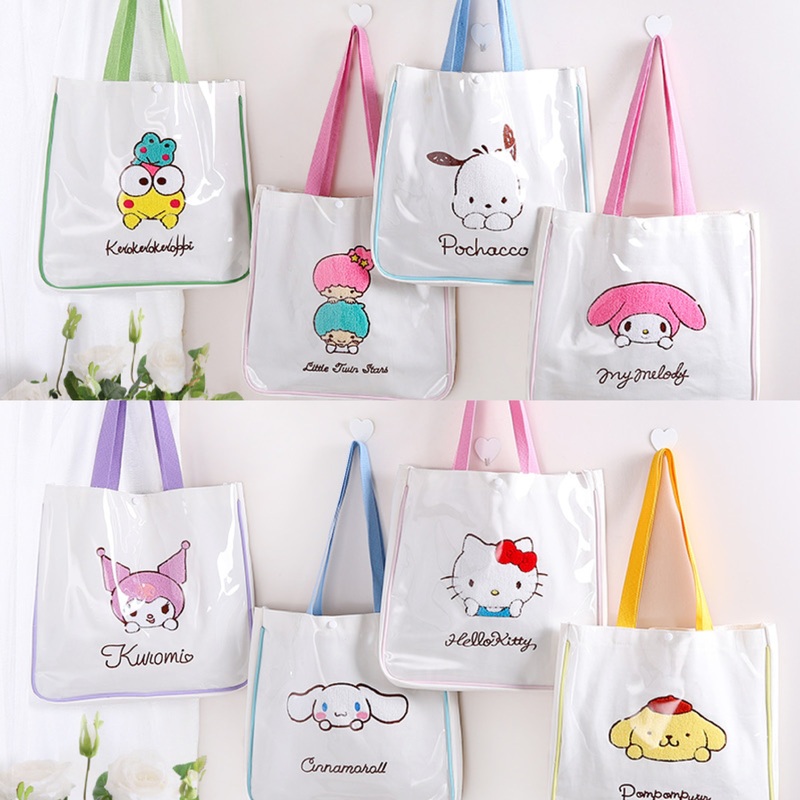 Tote Bag with Embroidery | Hello Kitty My Melody Kuromi Little Twin Stars Cinnamoroll Pompompurin Pochacco KeroKeroKeroppi – with Plastic Cover
