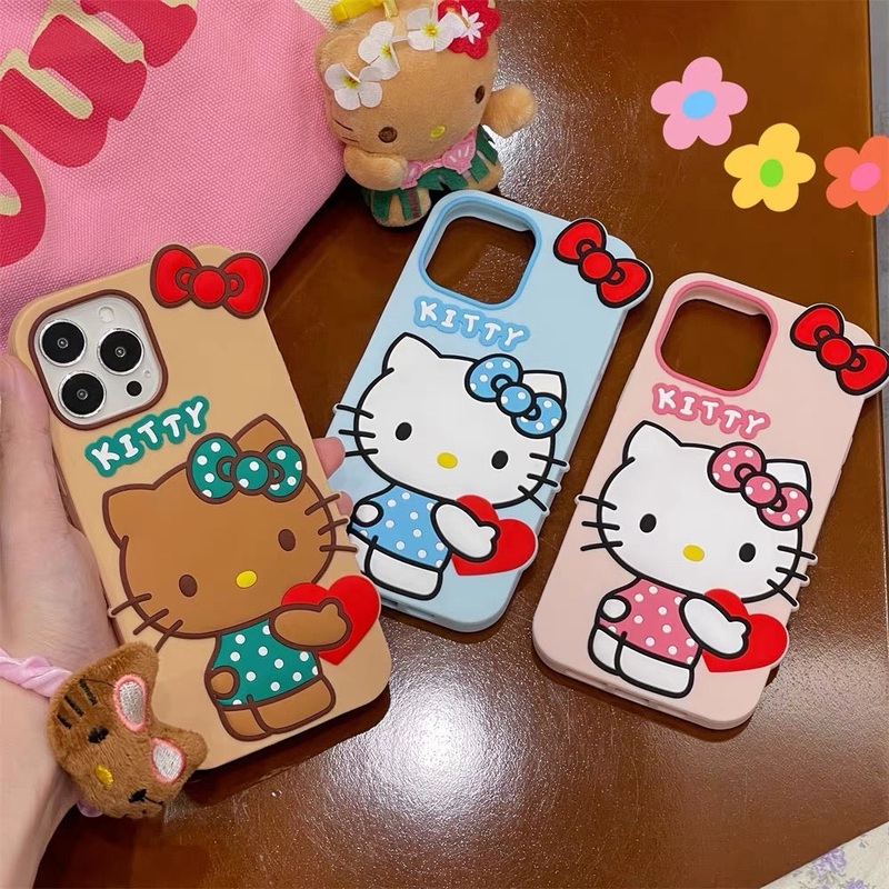 Big Hello Kitty with Heart & Ribbon | Brown Pink Blue – Soft iPhone Case 11 12 13 14 15 16 Pro Promax