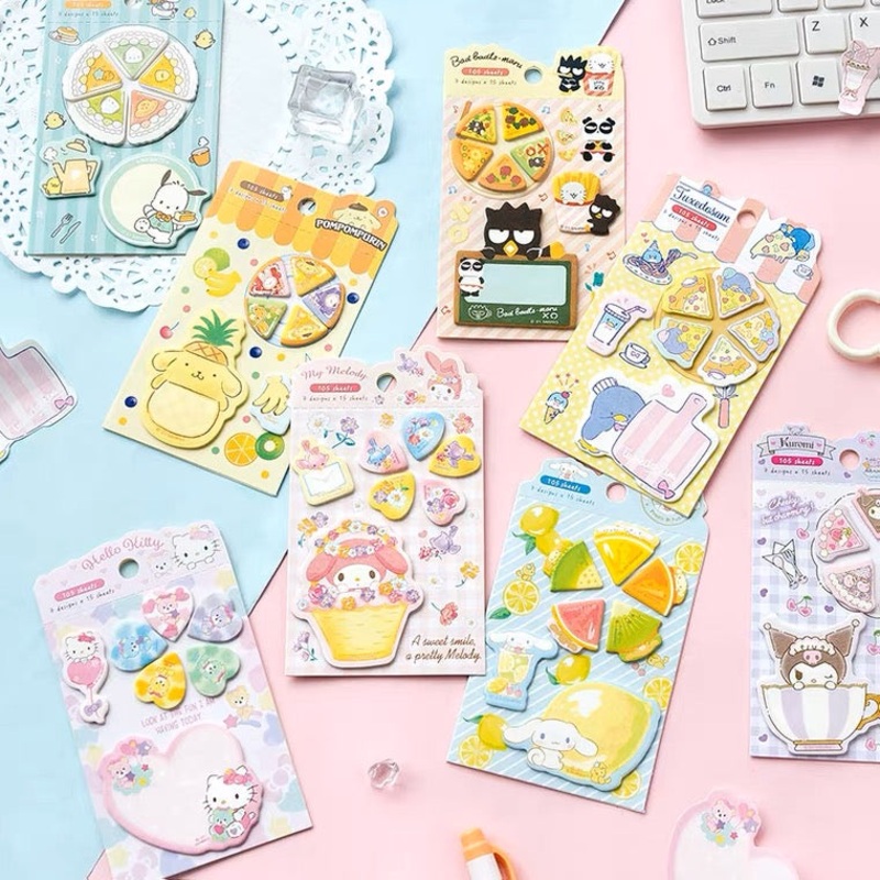Sanrio Sweets & Food Memo Pad | Hello Kitty My Melody Kuromi Cinnamoroll Pompompurin Pocahcco Tuxedosam Bad Badtz Maru – 7 Style 105 Sheets