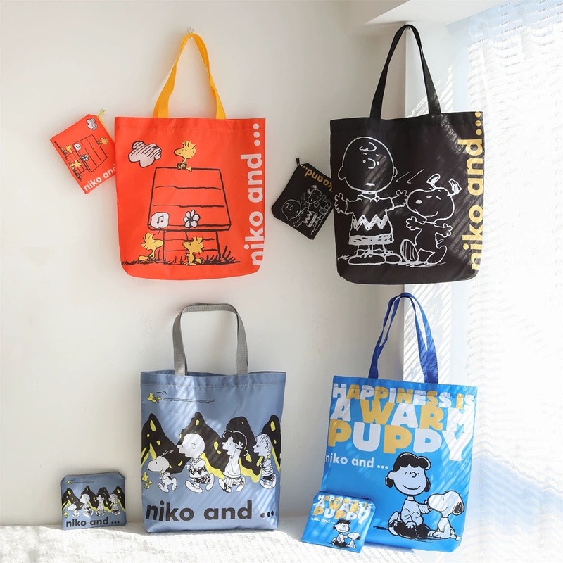 Cartoon Design Cute White Dog and Friends Fold Up Tote Bag | Orange Black Grey Blue Dog House – Kawaii Little Bag
