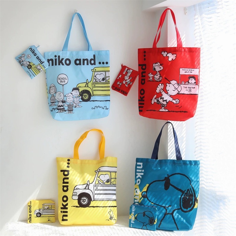 Cartoon Design Cute White Dog and Friends Fold Up Tote Bag | Sky Blue Red Yellow Green School Bus Sunglasses – Kawaii Little Bag