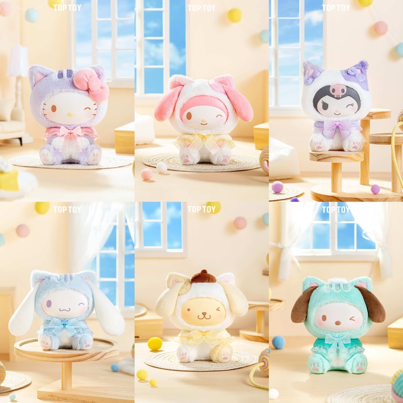 TopToy Sanrio Characters Play with Kittens | Hello Kitty My Melody Kuromi Cinnamoroll Pompompurin Pochacco Pastel Cat – Collectable Toys Mystery Blind Box